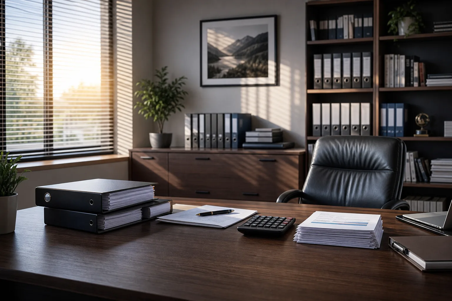 Accounting firm office desk with binders and soft afternoon light