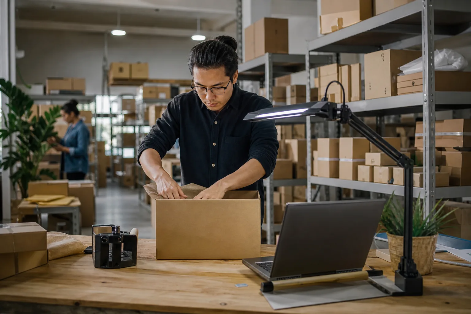 Amazon FBA seller warehouse with shipping boxes and packing station