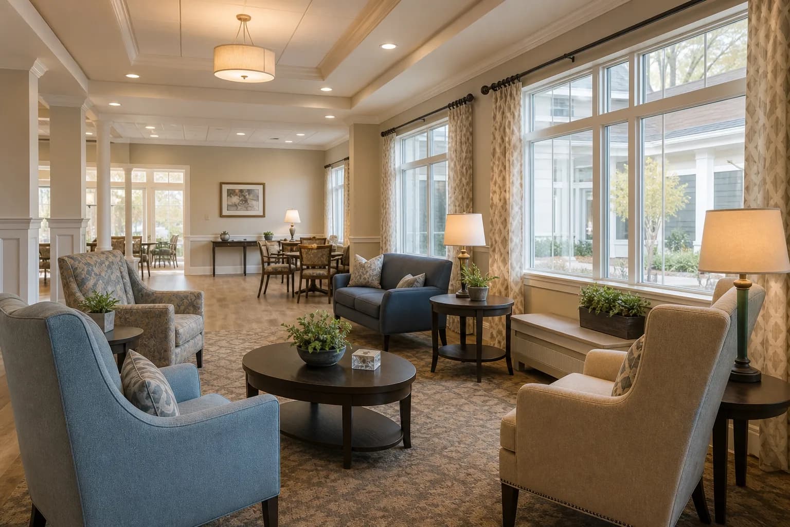 Warm assisted living community common room with soft daylight through large windows