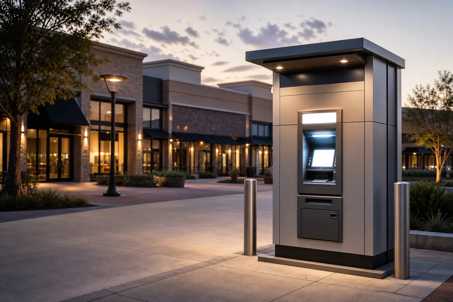 Freestanding ATM kiosk in a quiet suburban shopping plaza at dusk