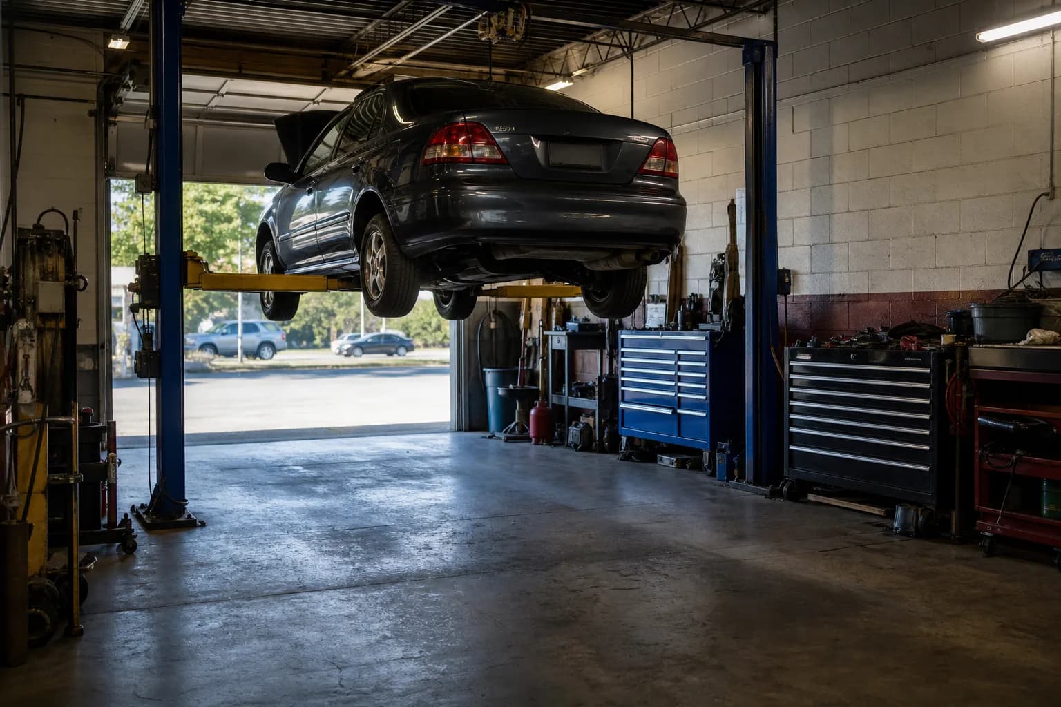 Independent auto repair shop bay with lift, tool chests, and open garage light