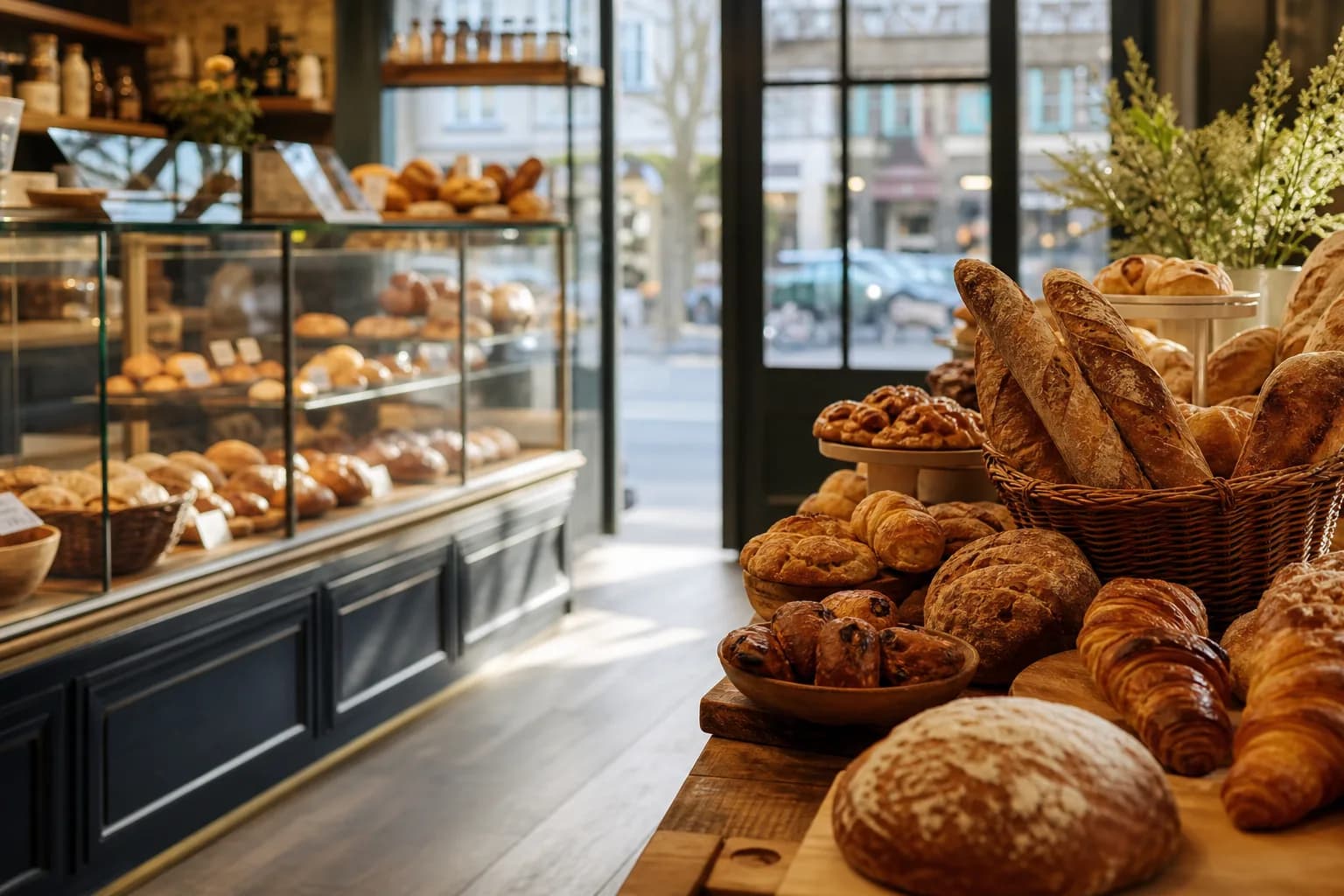 Warm independent bakery interior with fresh bread display and morning storefront light