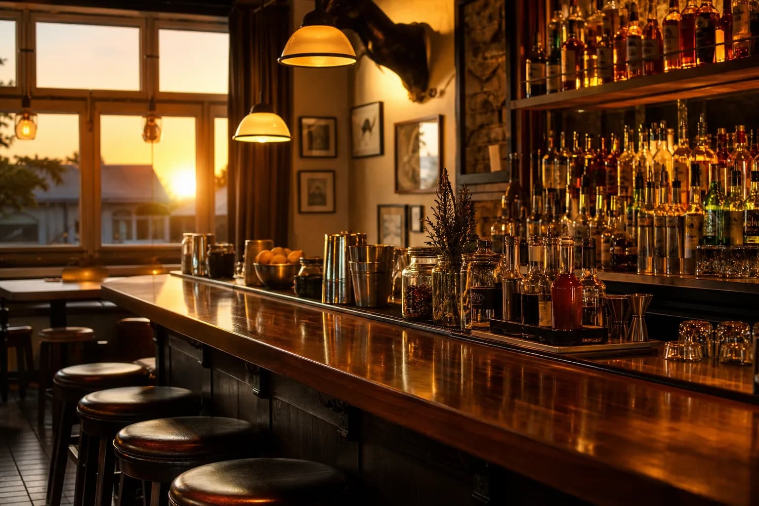 Warm neighborhood bar interior with polished wood bar top and soft pendant lights