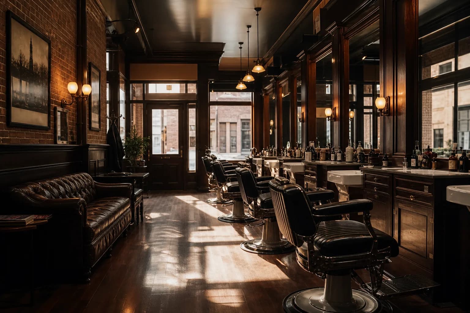 Classic independent barbershop with leather chairs and warm wood mirrors