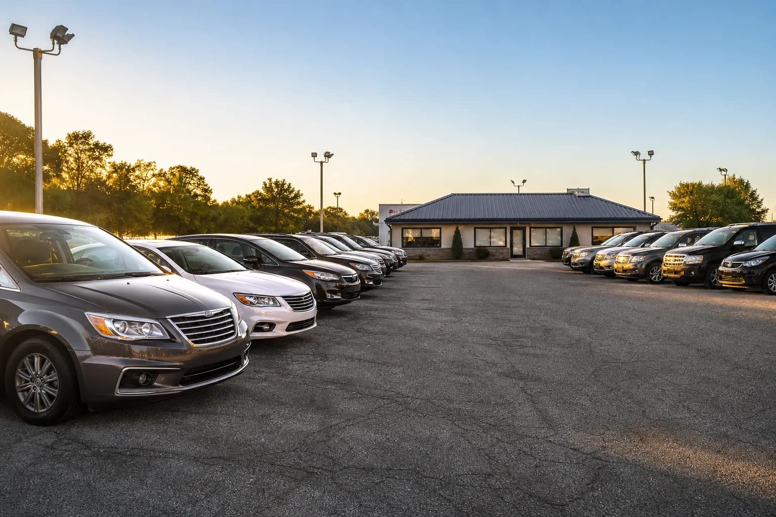 Independent car dealership lot with neat rows of cars at golden hour