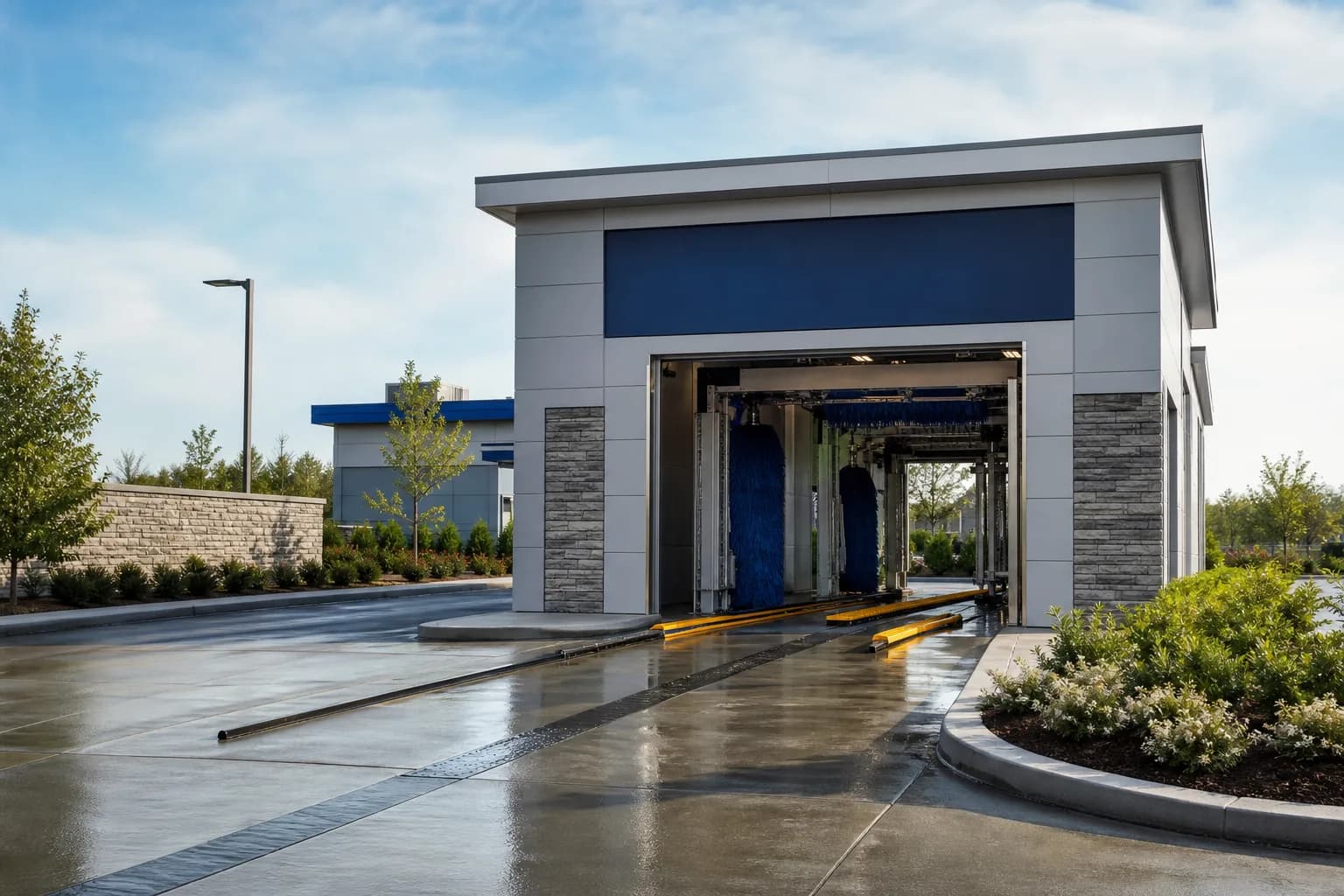 Modern automatic car wash tunnel entrance on a sunny commercial lot
