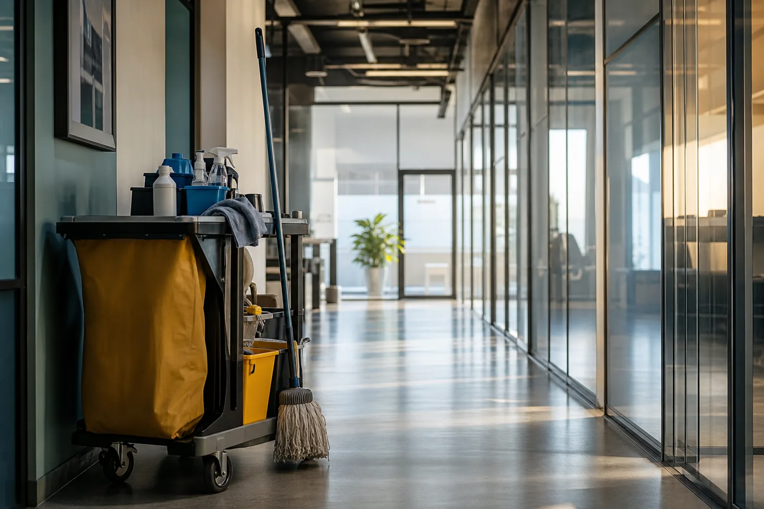 Commercial cleaning cart with supplies in a bright modern office corridor