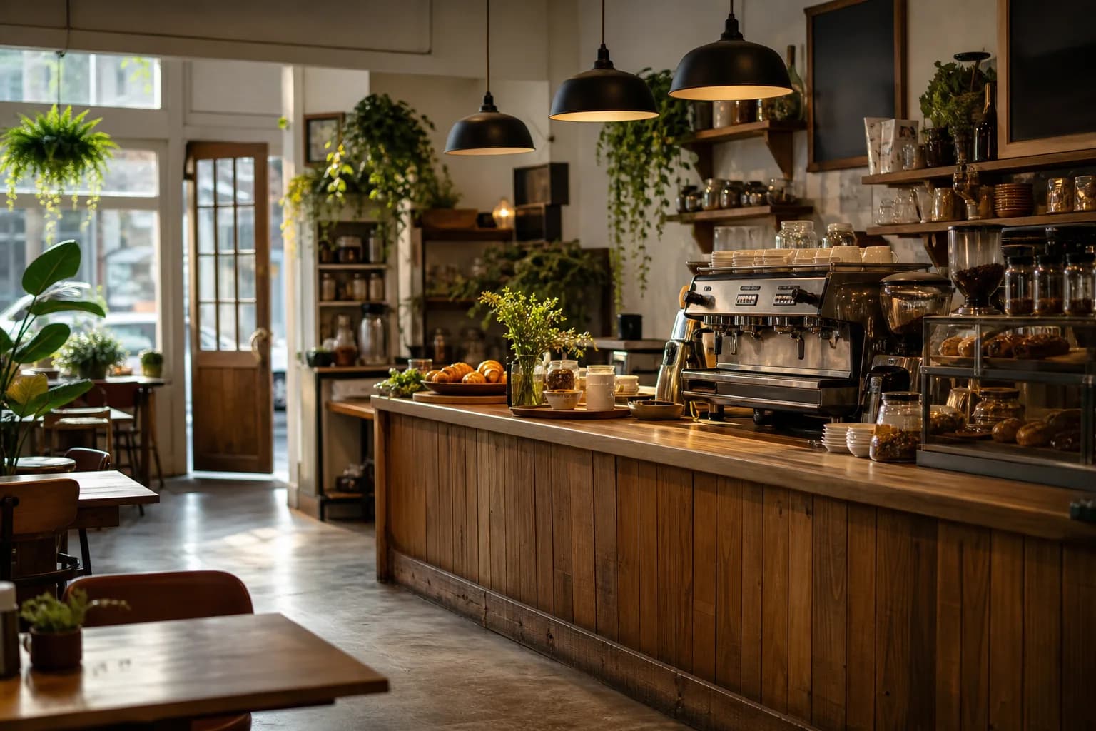 Cozy independent coffee shop interior with espresso bar and soft morning window light