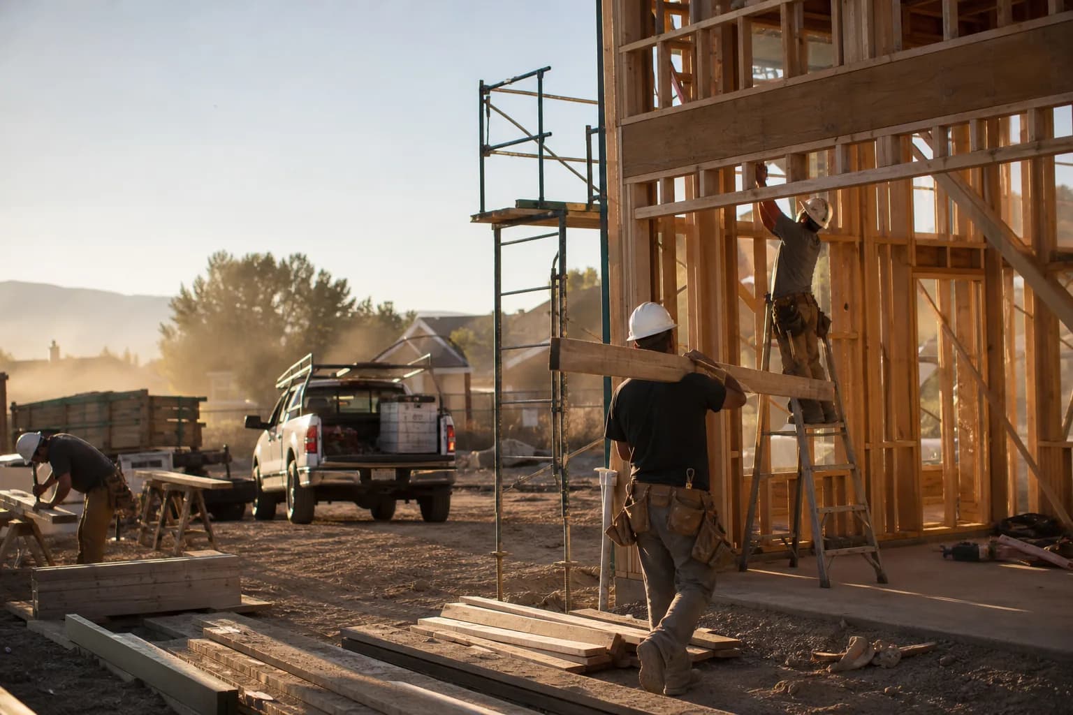 Active construction job site with framing lumber, scaffolding, and materials in morning light