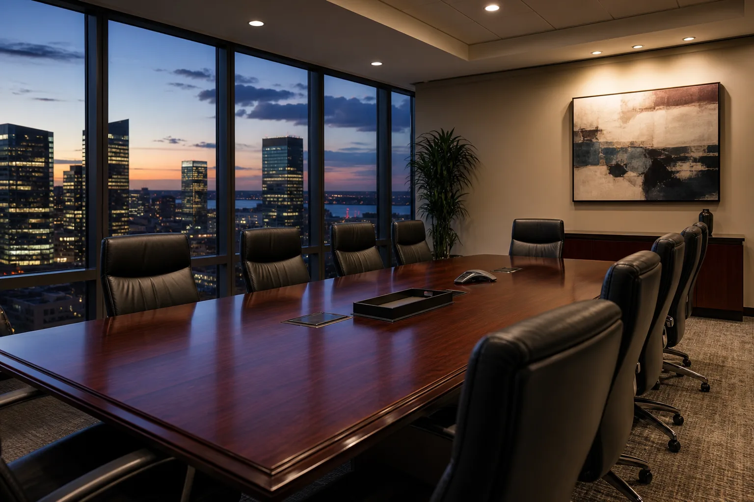 CPA firm conference room with wood table and city view at dusk