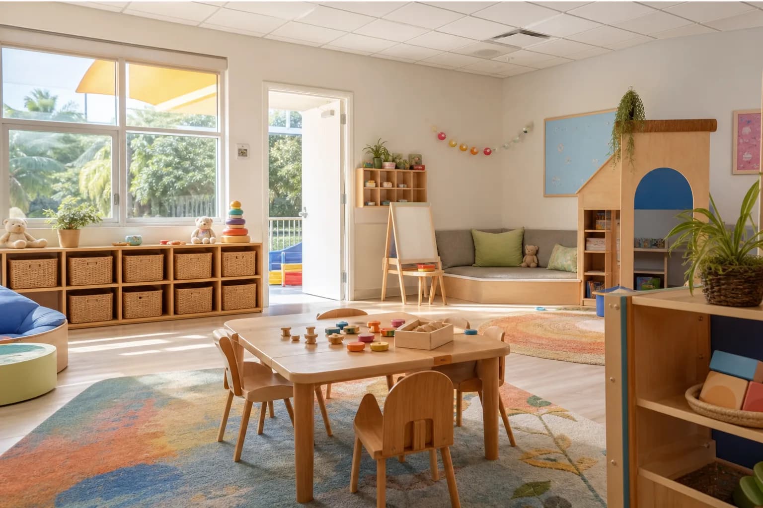 Bright daycare classroom with low tables, soft toys, and warm natural window light
