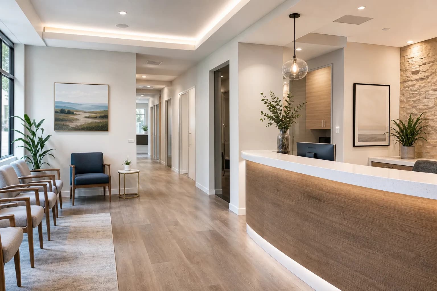 Calm modern dental practice reception with warm wood accents and soft daylight