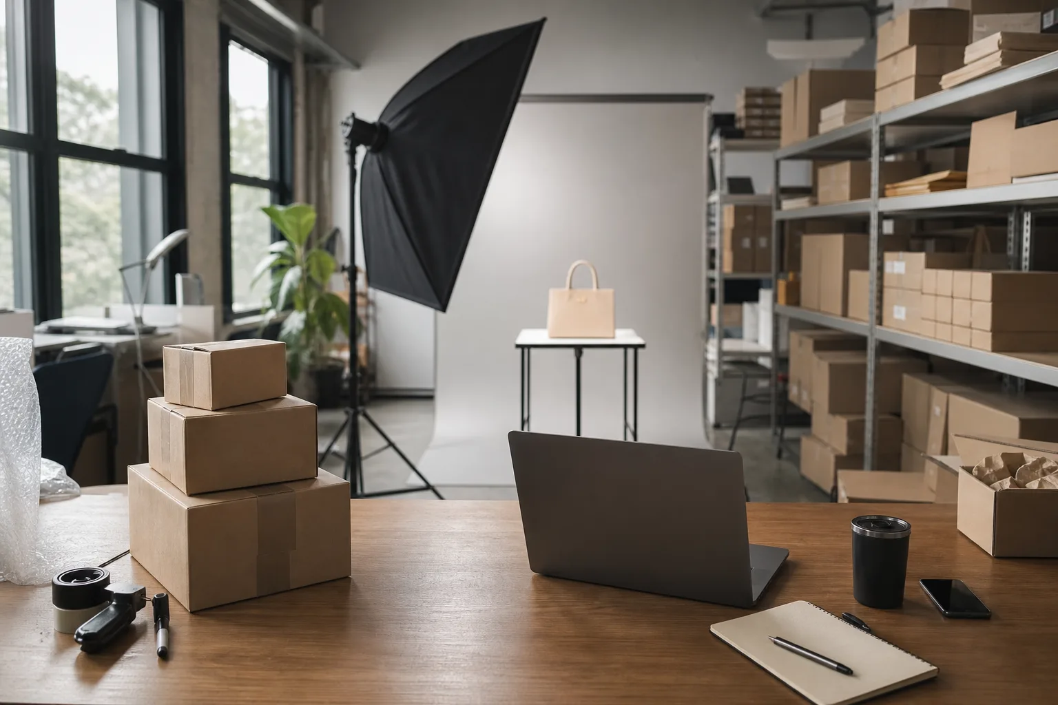E-commerce brand workspace with product photography setup and shipping boxes