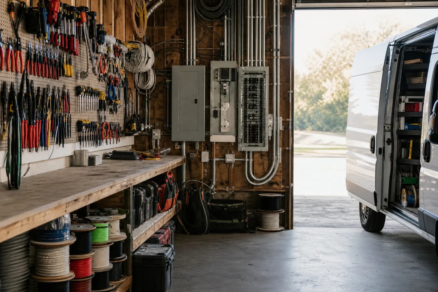 Electrical contractor workshop with organized tools, conduit, and soft morning light