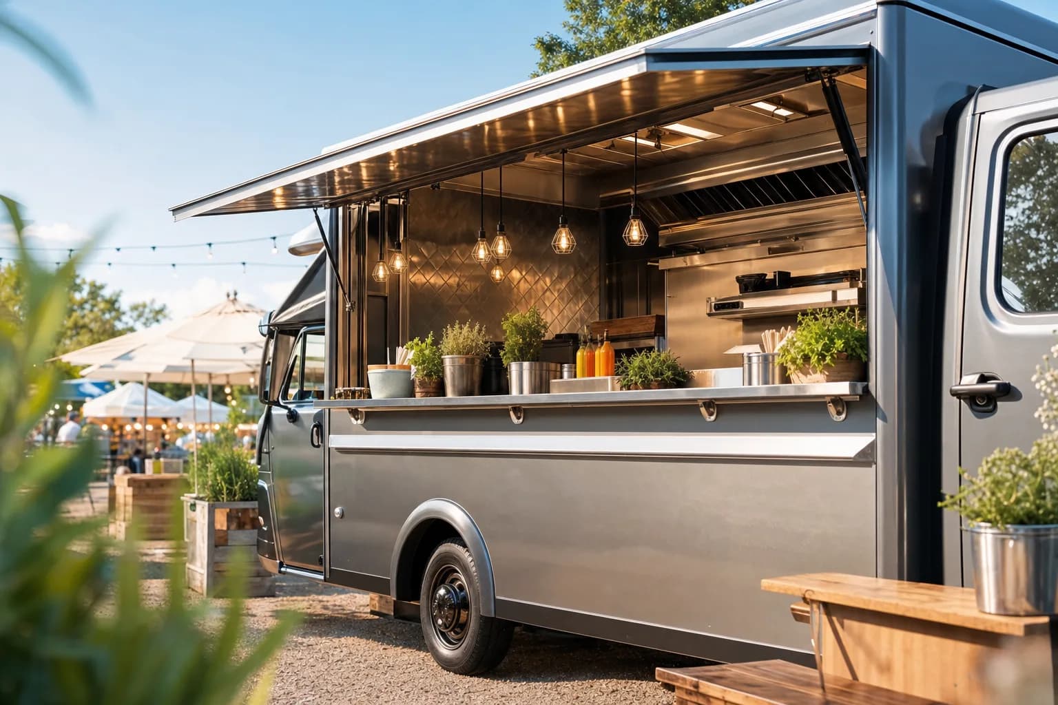 Food truck service window open at a sunny outdoor market in warm afternoon light