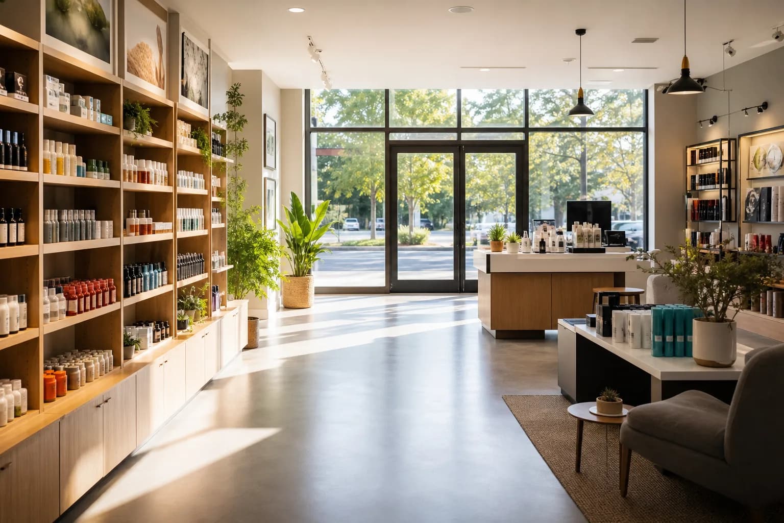 Clean franchise retail storefront interior with soft morning light through glass doors