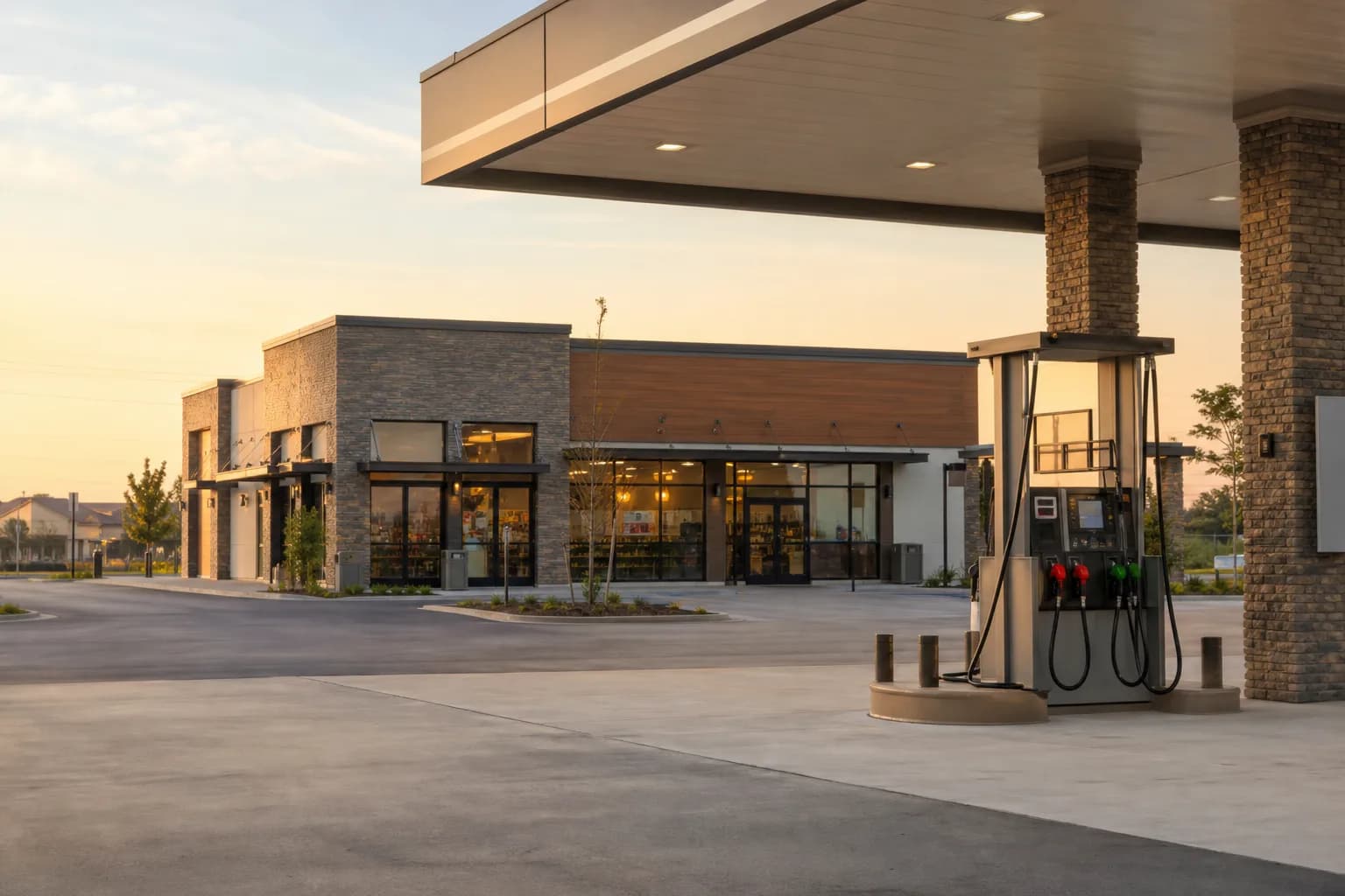 Clean gas station canopy and convenience store at golden hour