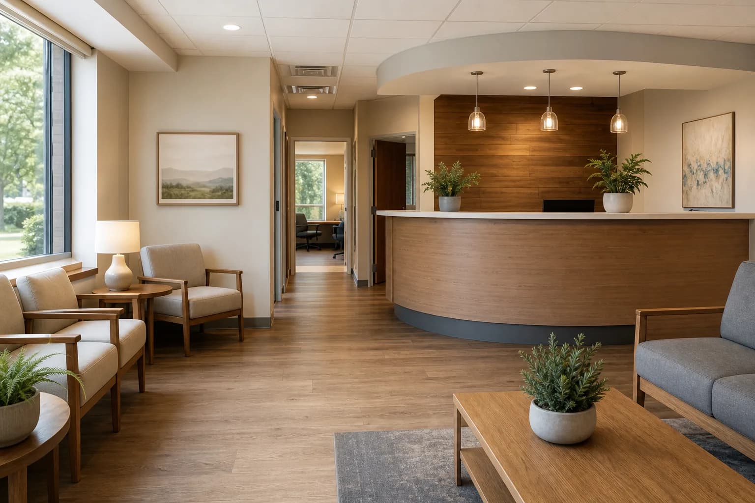 Warm healthcare clinic reception with comfortable seating and soft daylight