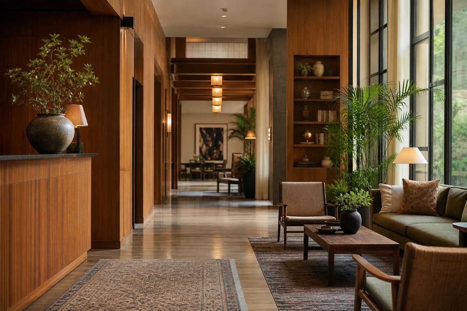 Boutique independent hotel lobby with warm wood and soft afternoon light