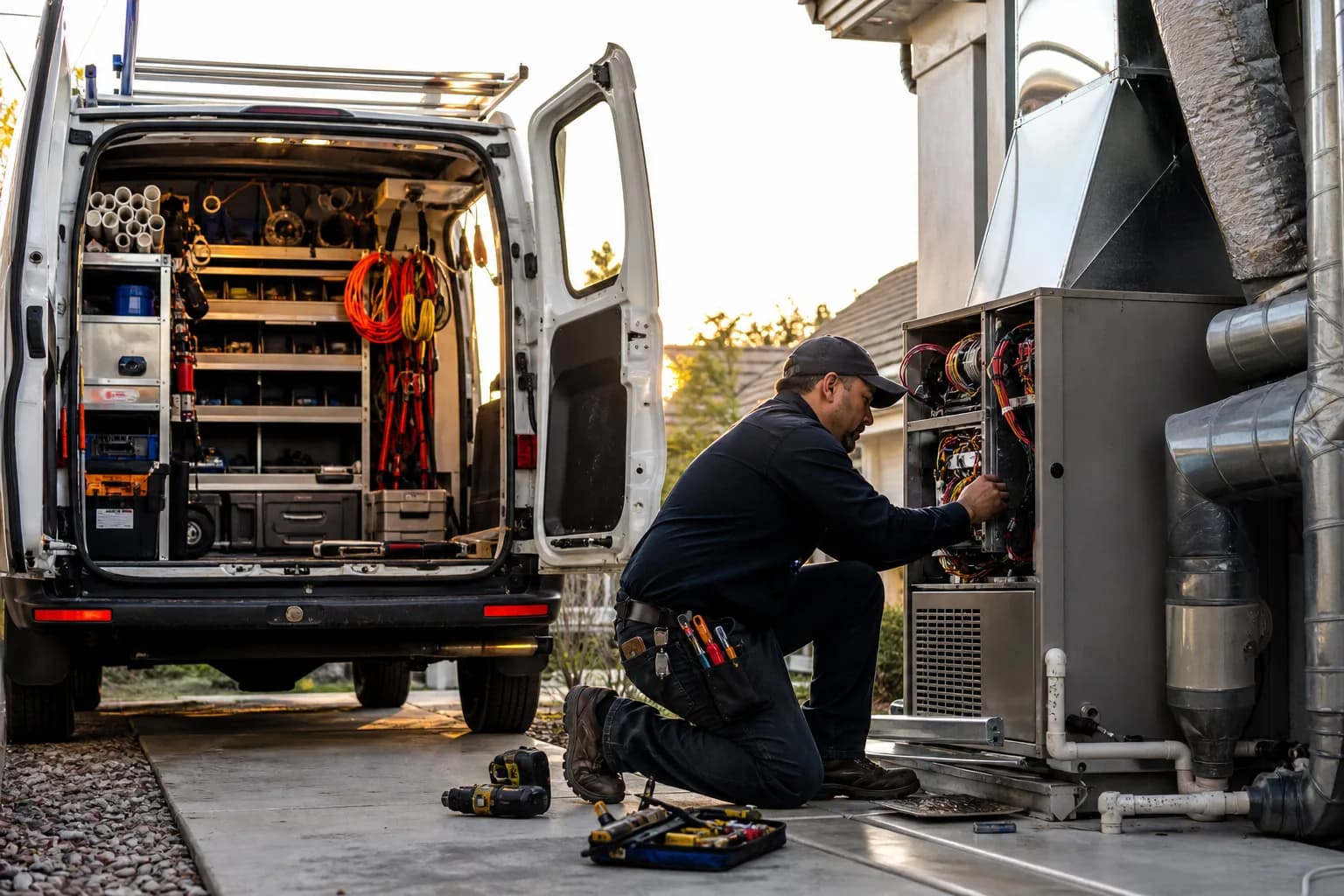 HVAC work van with organized tools parked beside a residential outdoor condenser unit