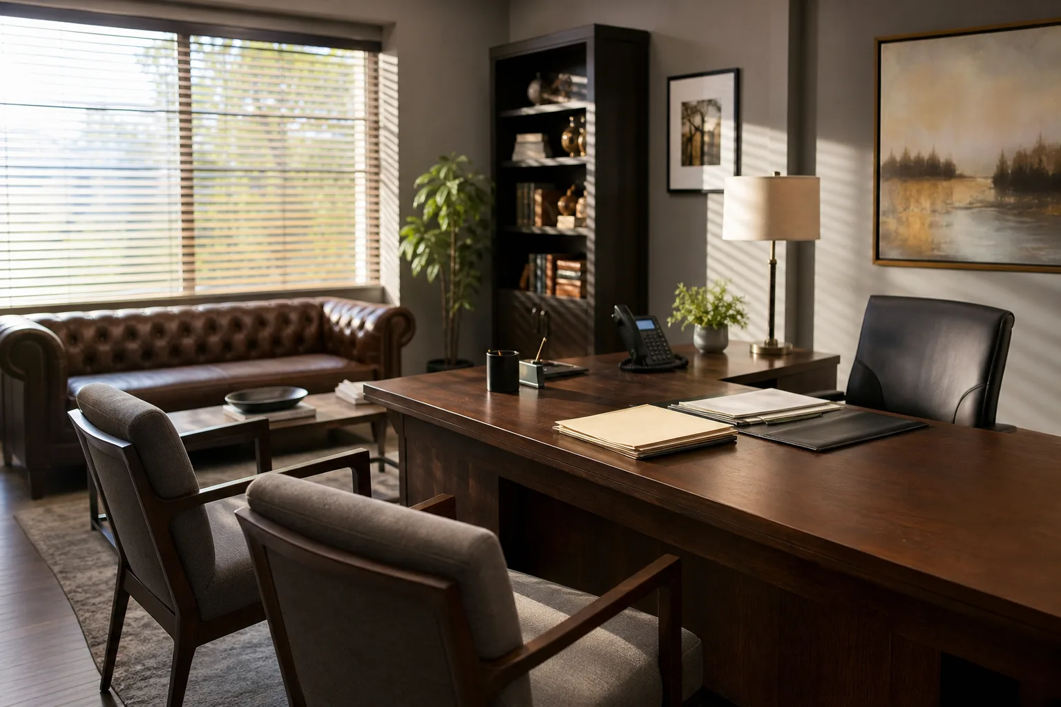Independent insurance agency office with wood desk and soft afternoon light