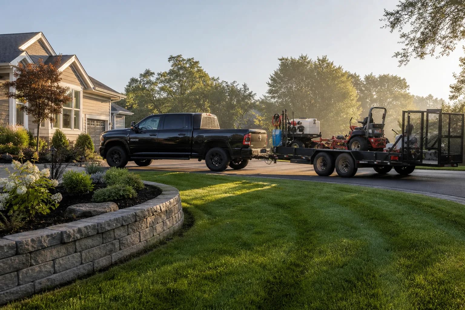 Landscaping truck and trailer with mowers at a suburban job site in morning light
