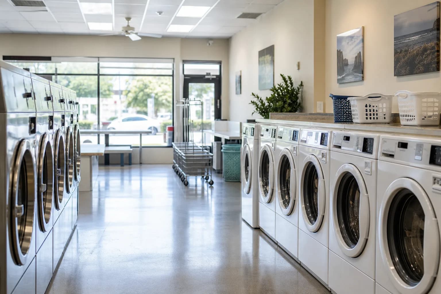 Bright self-serve laundromat with rows of washers and dryers in soft daylight
