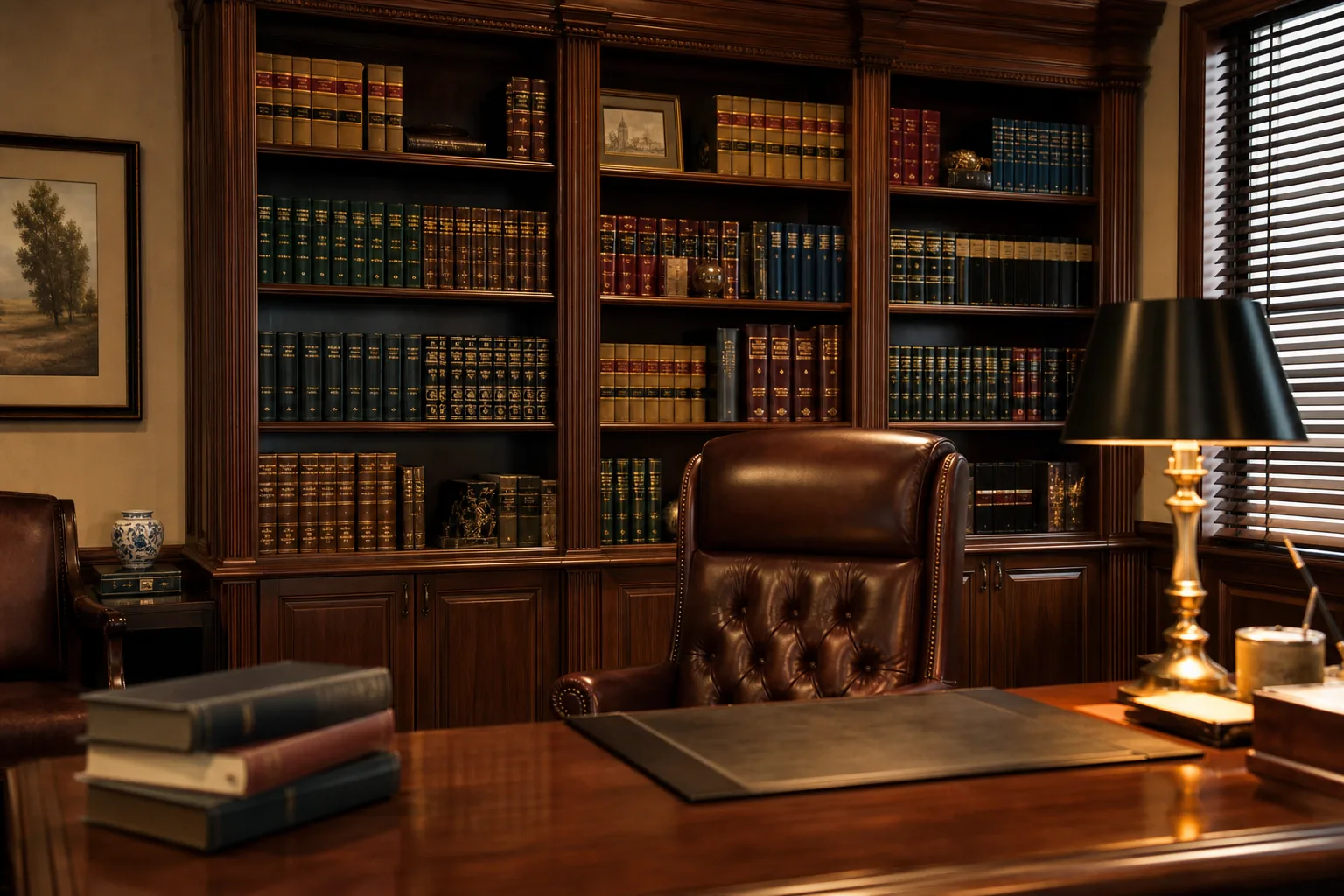 Law firm partner office with dark wood bookshelf and warm lamp light