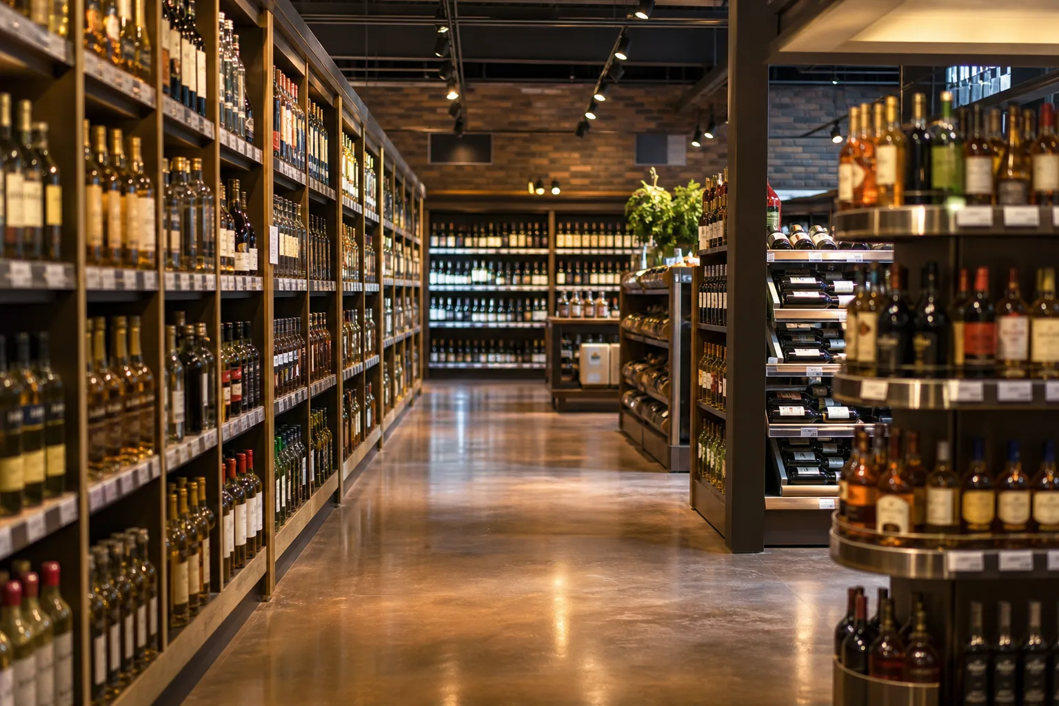 Independent liquor store aisle with warm ambient lighting and neat shelves