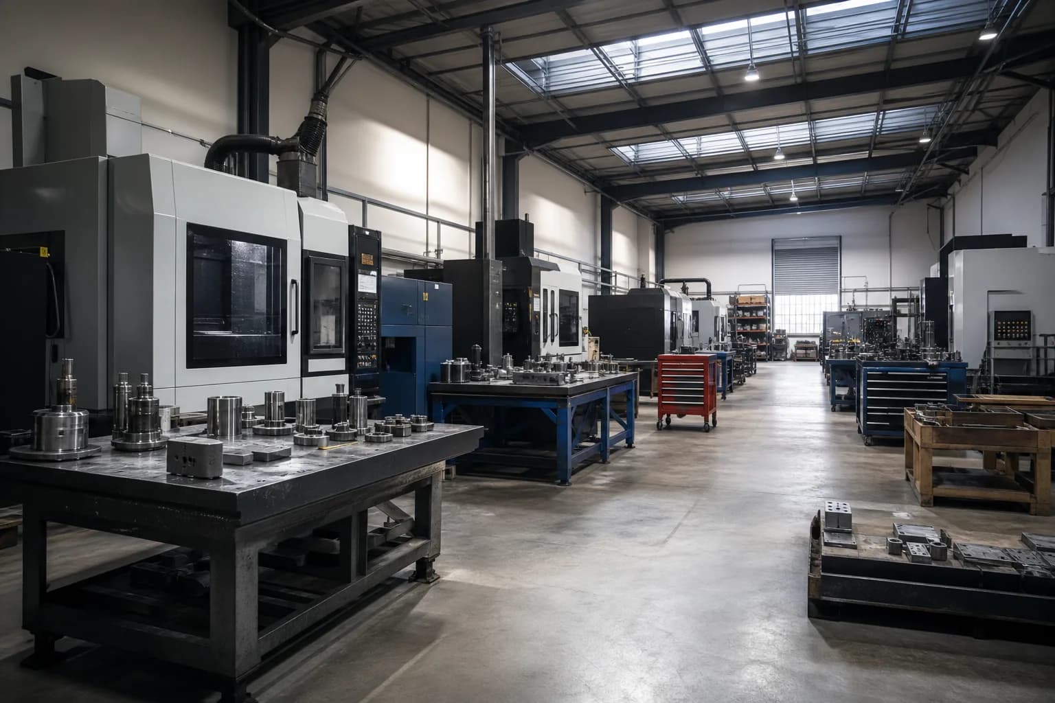 Small manufacturing shop floor with CNC machines and industrial skylight