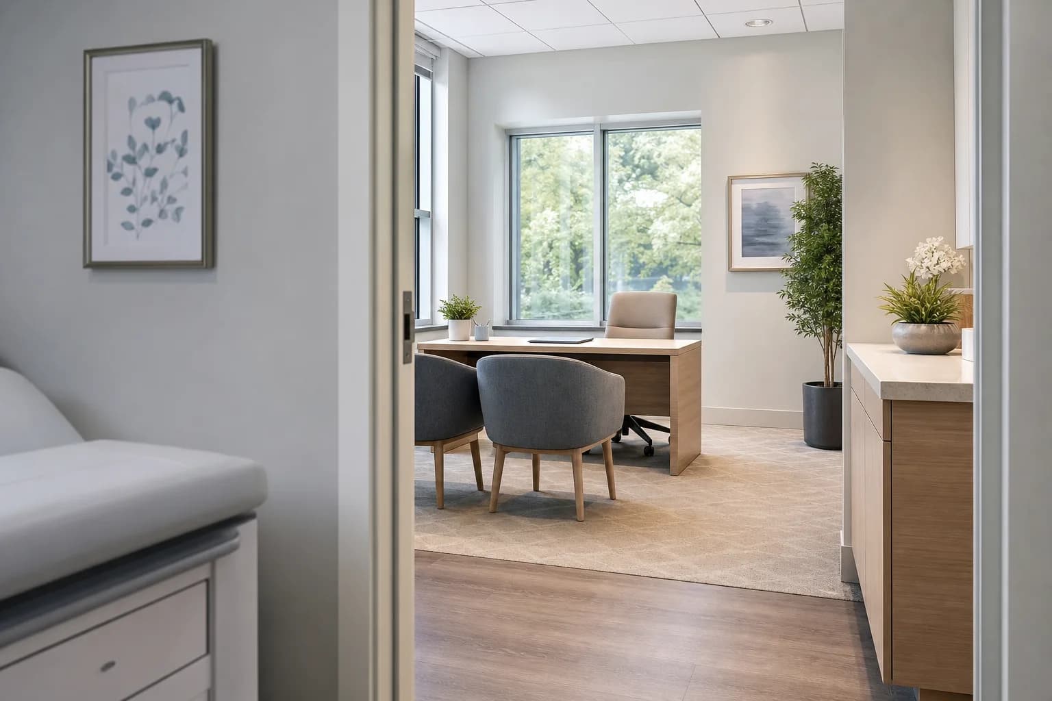 Private medical practice exam room doorway with soft clinical daylight