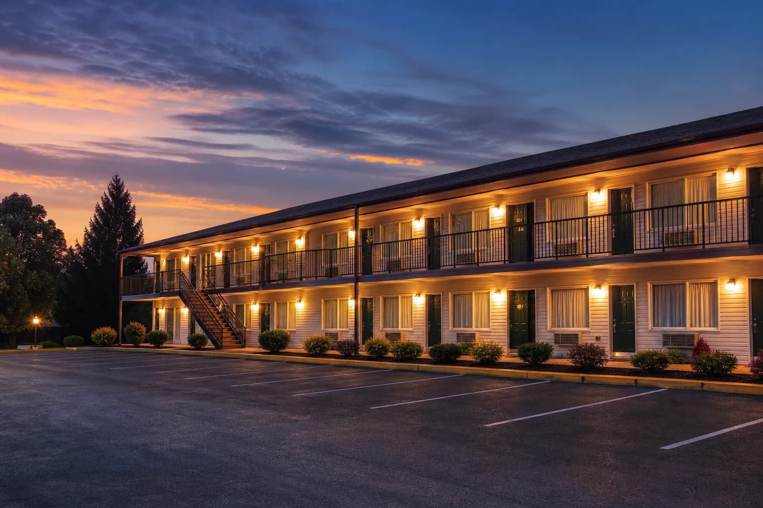 Clean classic American motel exterior with warm porch lights at dusk