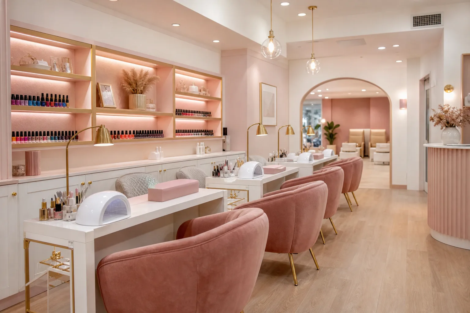 Clean nail salon with manicure stations and soft warm lighting