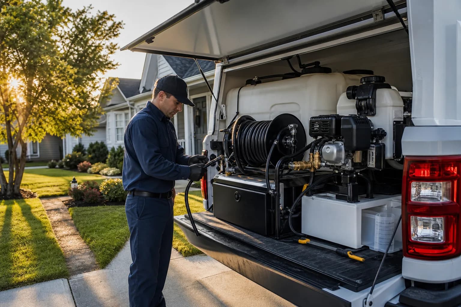 Pest control service truck with sprayer equipment in soft suburban morning light