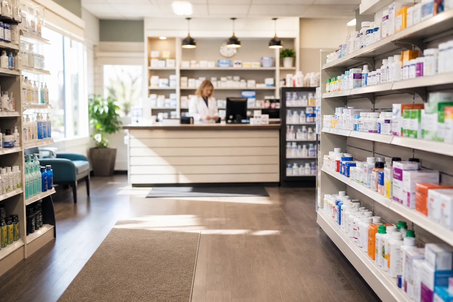 Independent community pharmacy interior with shelves and soft lighting