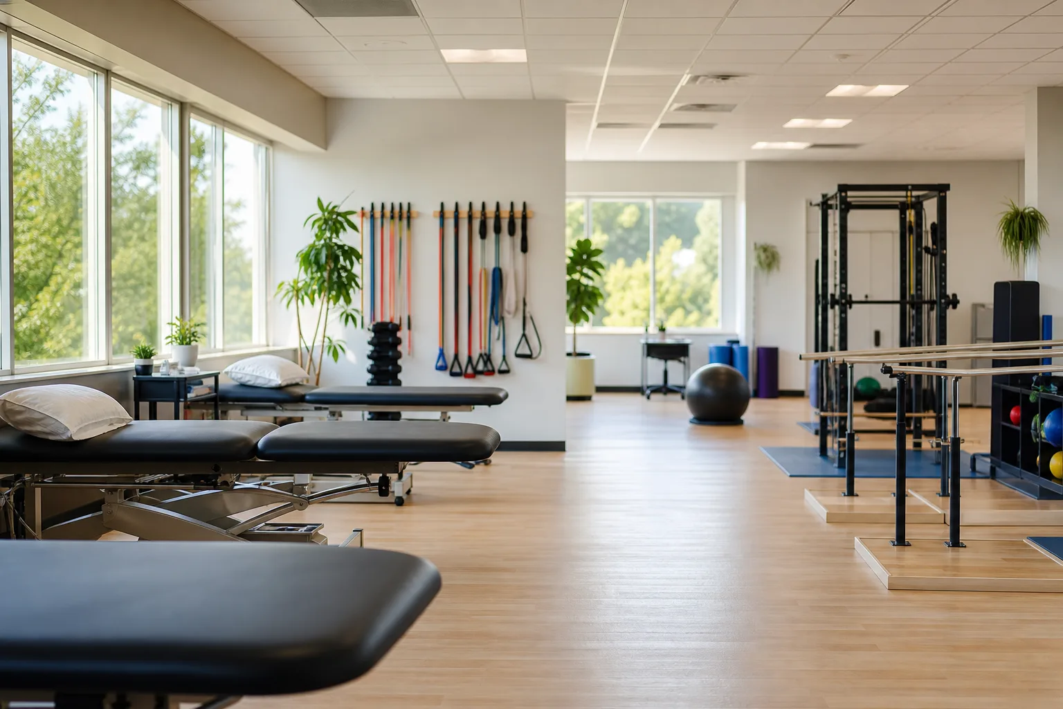 Physical therapy clinic with treatment tables and bright natural light