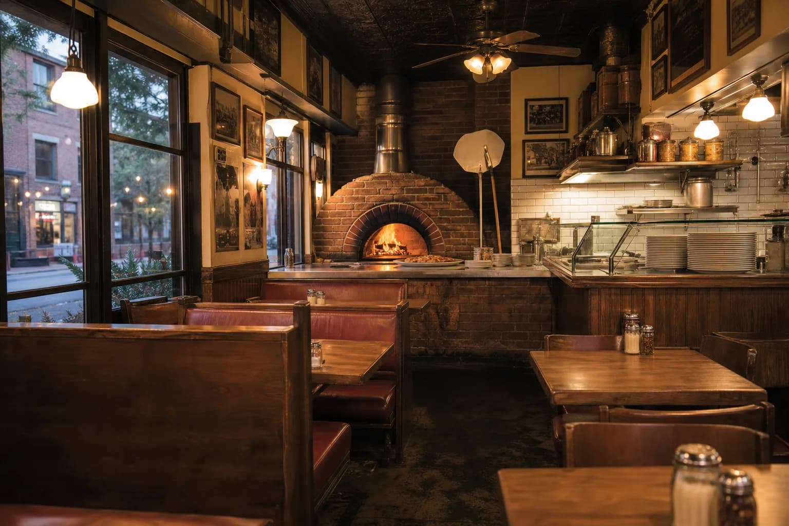 Neighborhood pizza shop with wood-fired oven glow and warm evening light