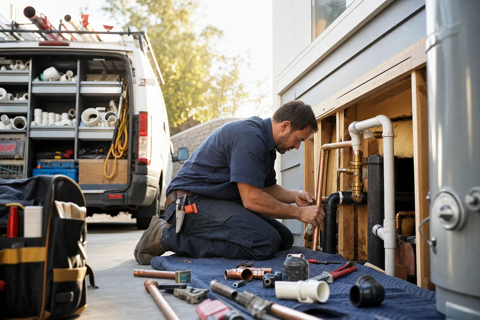 Plumbing work van with organized fittings and tools beside a residential water heater