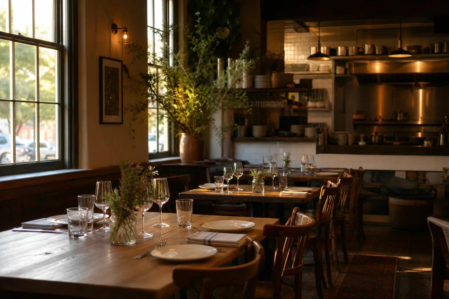 Warm independent restaurant dining room with set tables and soft golden-hour light