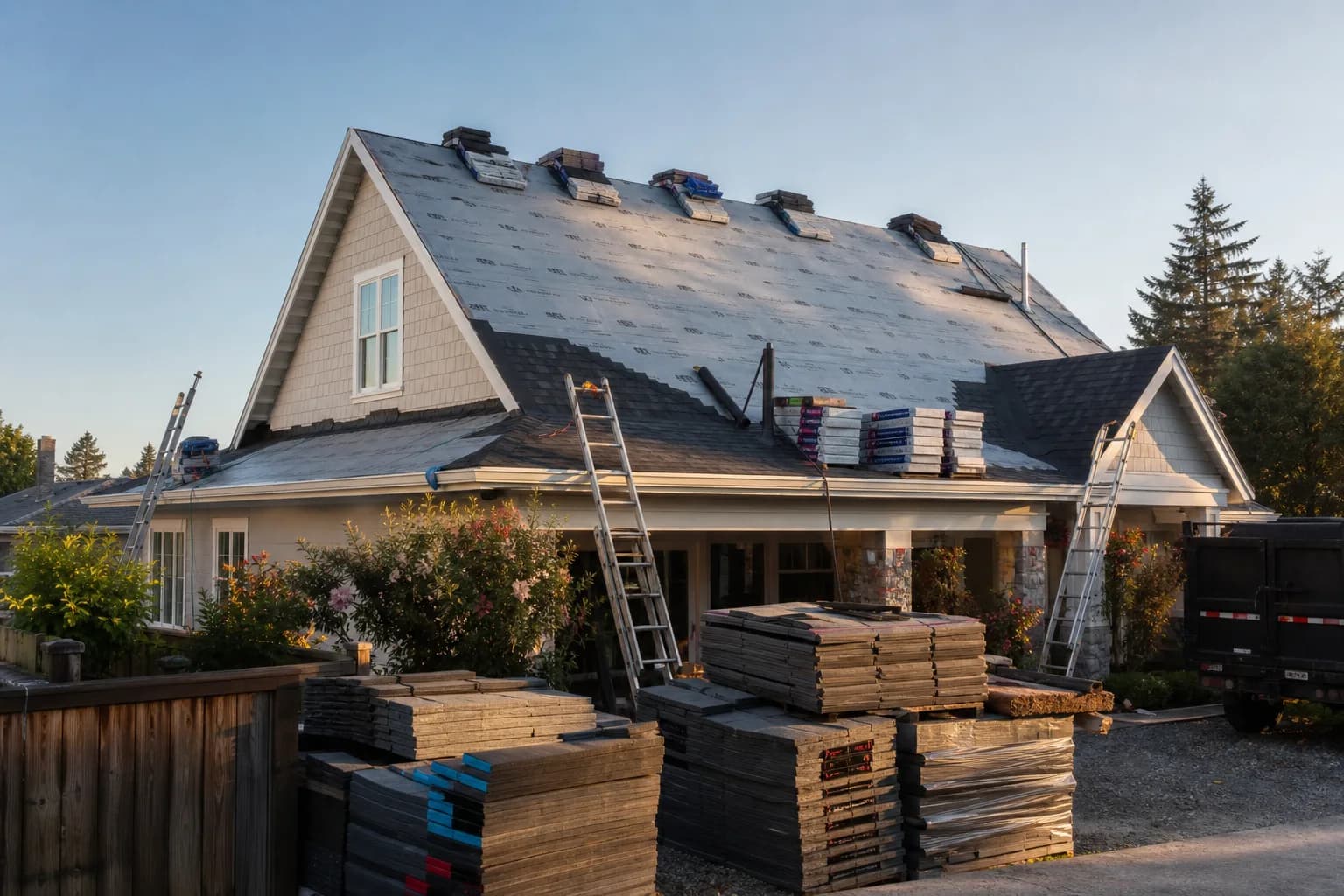 Residential roofing job site with materials and ladders in soft morning light