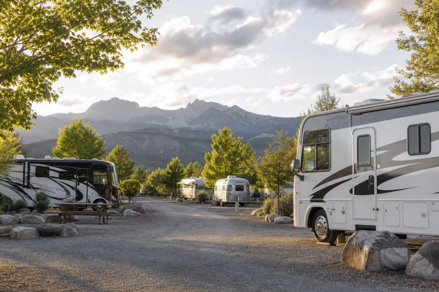 Scenic RV park with parked recreational vehicles under trees at golden hour