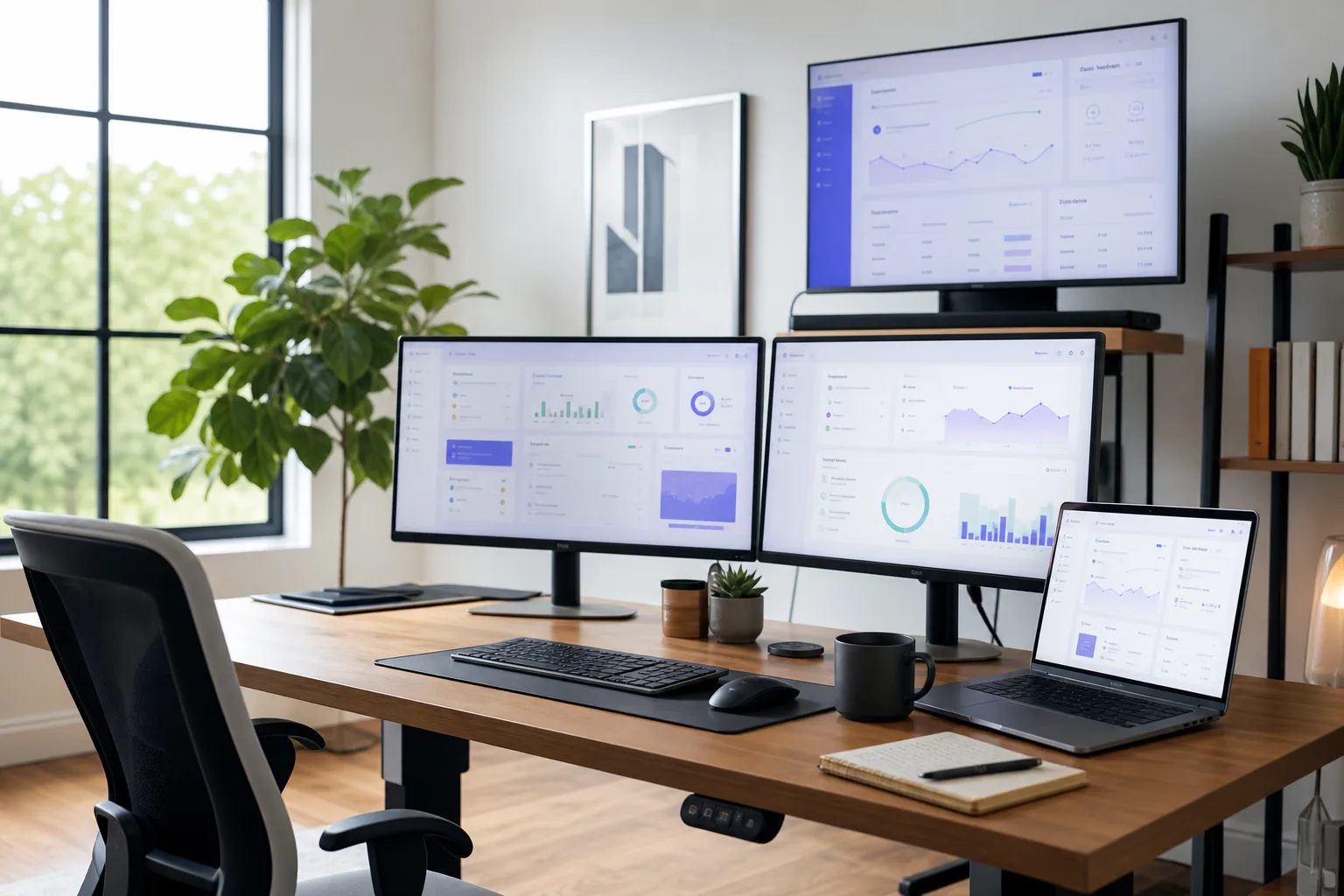 SaaS product workspace with monitors showing soft dashboards and daylight