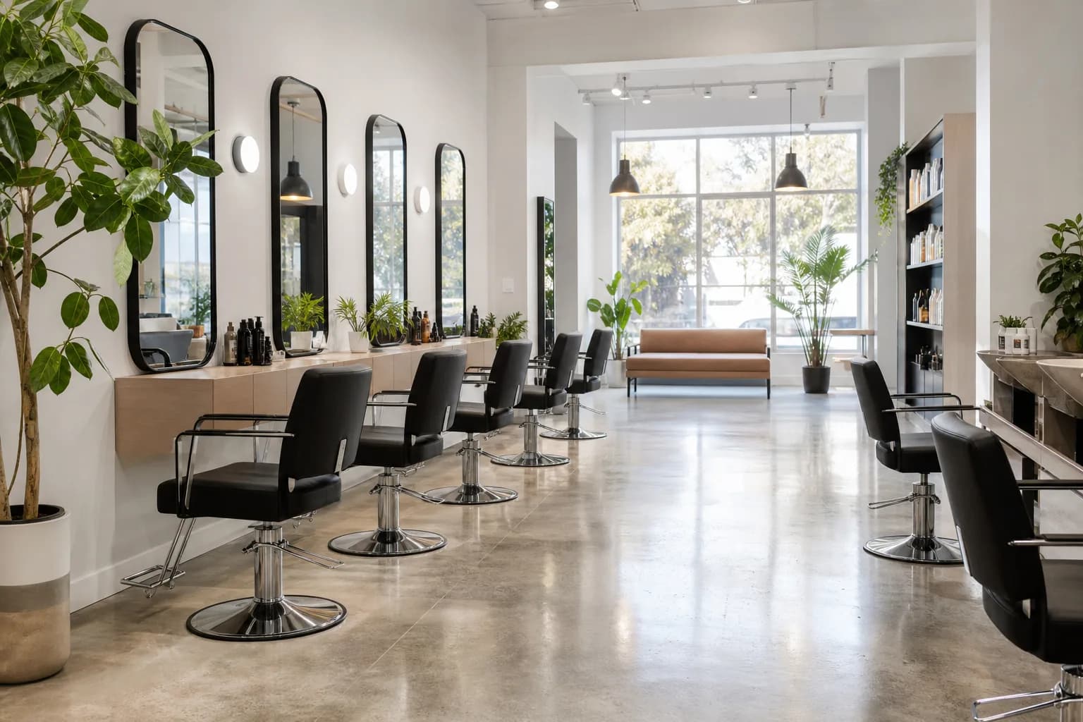Bright modern hair salon with styling chairs and mirrors in soft daylight