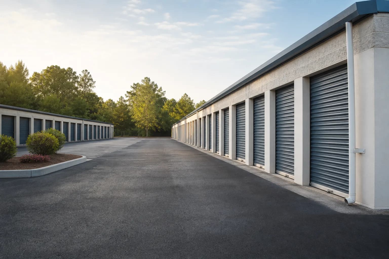 Well-kept self-storage facility with rows of roll-up unit doors in morning light