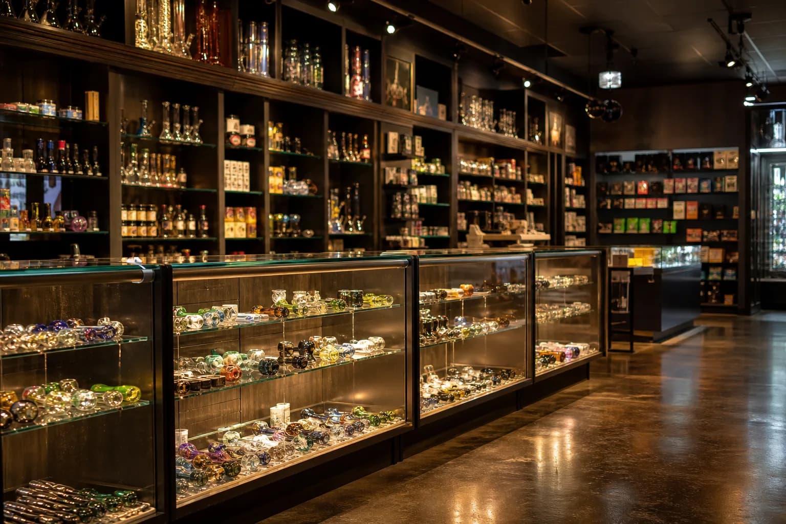 Independent smoke shop interior with glass display counters and warm ambient lighting