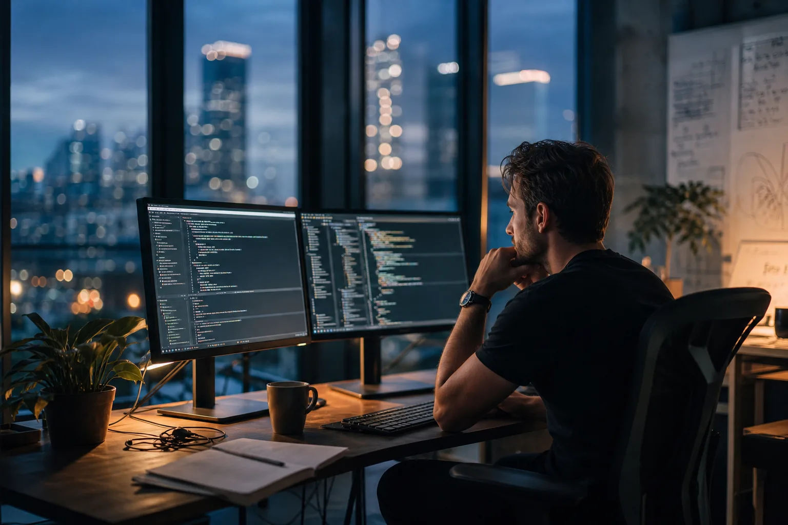 Software founder workspace with dual monitors and soft evening city light