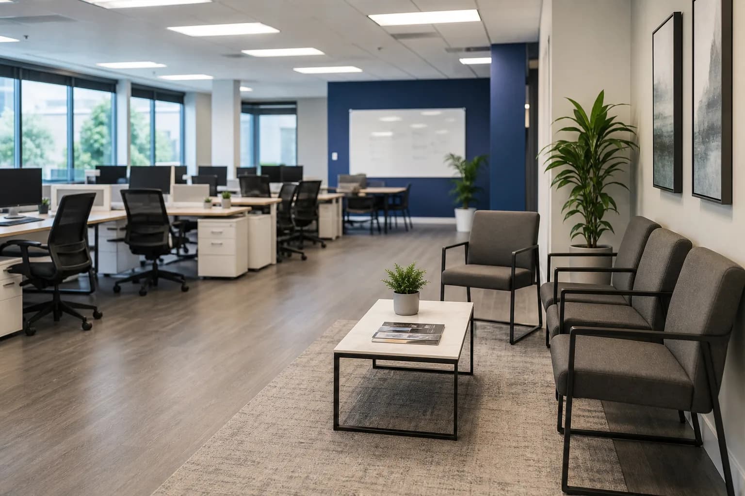Modern staffing agency office with desks and bright professional light