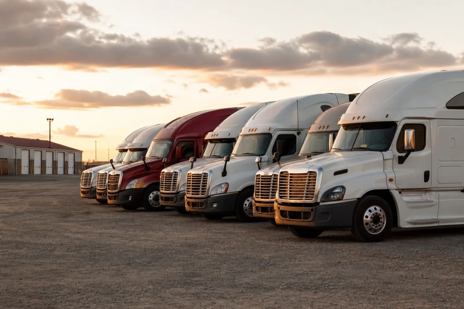 Semi-truck fleet parked at a small trucking company yard at golden hour