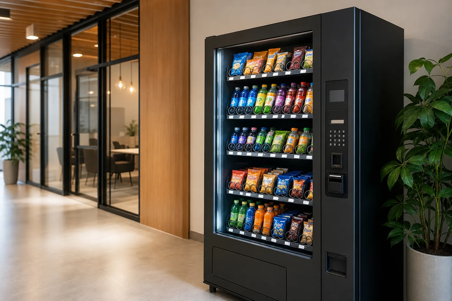 Modern snack and drink vending machines in a bright office hallway