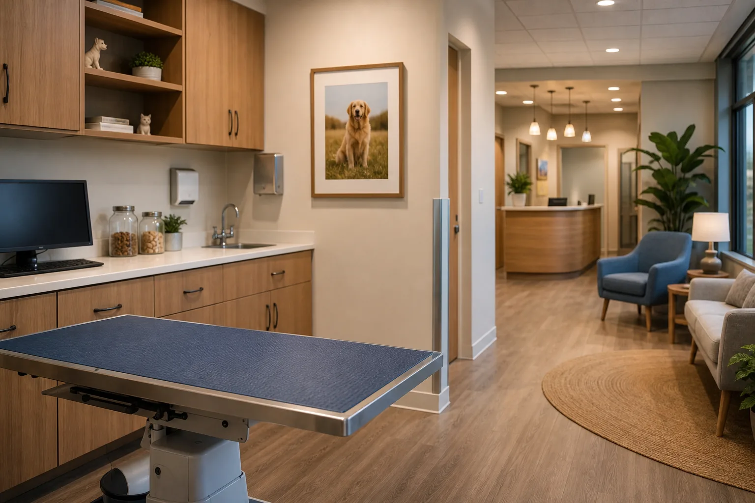Calm veterinary clinic exam room and reception with warm lighting